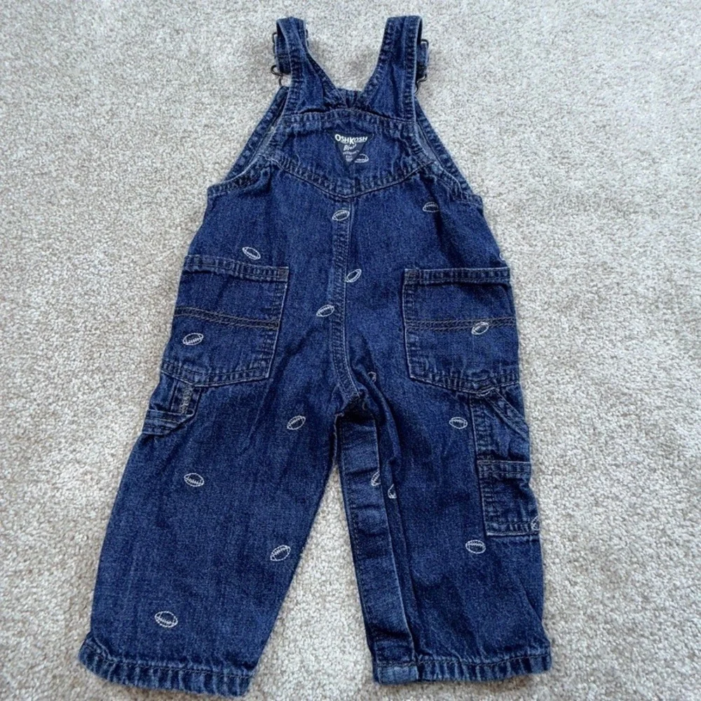 OshKosh B'gosh Baby Boy 9M Football Embroidered Denim Overalls Dark Wash Blue